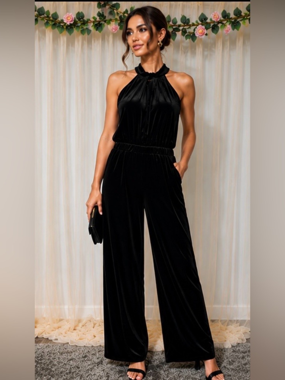 A New Day Black Velvet Halter Wide Leg Jumpsuit XL NWT